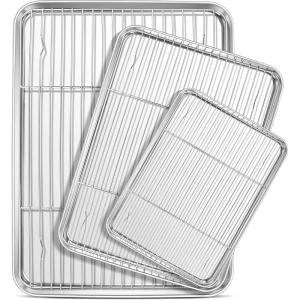 imageEfar Baking Sheet with Cooling Rack Set 3 Pans  3 Racks 1612593 Inch Stainless Steel Cookie Sheets Baking Pans and Wire Rack for Oven Non Toxic ampamp Easy Clean