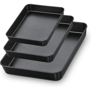 imageEfar Nonstick Baking Pans Set of 3 Rectangle Stainless Steel Sheet Cake Pan for Toaster Oven 12510594 Inch Black Bakeware for Brownie Lasagna Casserole Cake Nontoxic ampamp Healthy 2 inch Deep