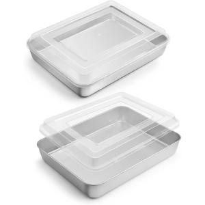 imageEfar Stainless Steel Baking Pan with Lid 12 x 9 x 2 Inch Rectangle Sheet Cake Pans with Covers Bakeware for Cakes Brownies Casseroles Nontoxic ampamp Healthy Heavy Duty ampamp Dishwasher Safe  Set of 22Pans2Lids