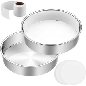 image8 Inch Cake Pan Set of 3 EFar Stainless Steel Round Layer Cake Baking Pans with Parchment Rounds ampamp Side Liner Roll NonToxic ampamp Healthy Metal Cakes Tin Straight Side ampamp Dishwasher Safe8 Inch