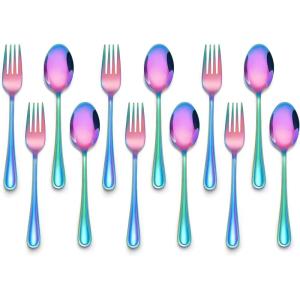 imageEfar 12Piece Toddler Silverware Stainless Steel Kids Utensils Forks and Spoons Children Safe Metal Cutlery Set for Self Feeding Mirror Polished ampamp Dishwasher Safe 6 Forks ampamp 6 SpoonsRainbow