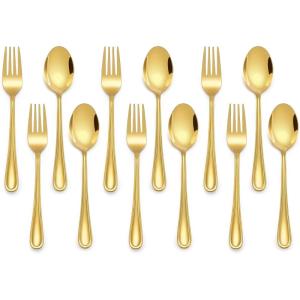 imageEfar 12Piece Toddler Silverware Stainless Steel Kids Utensils Forks and Spoons Children Safe Metal Cutlery Set for Self Feeding Mirror Polished ampamp Dishwasher Safe 6 Forks ampamp 6 SpoonsGold