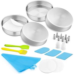 imageEfar 6 Inch Cake Pans Set of 4 Stainless Steel Round Baking Cake Pan Tins with Decorating Supplie Including Parchment Paper Icing Tips Spatula Scrapper Nontoxic ampamp Healthy Dishwasher Safe