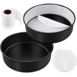 imageEfar 8 Inch Cake Pans Set of 2 Nonstick Stainless Steel Small Round Baking Pans with Parchment Paper ampamp Side Liner Roll Stainless Steel Core ampamp Nontoxic Coating Straight Side ampamp 2 Inch Deep95 Inches