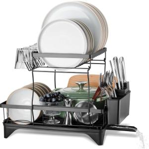 imageEfar Dish Drying Rack for Kitchen Counter 2 Tier Small Dish Drainer Drying Rack 167quot x 118quot x 139quot Metal Organizer with Drainboard and Utensil Holder Large Capacity ampamp Space Saving Black