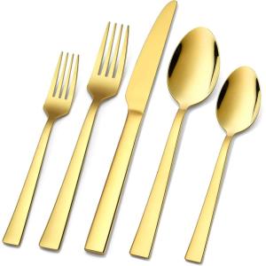 image20Piece Gold Silverware Set Efar Stainless Steel Flatware Set Service for 4 Cutlery Eating Utensil Set Includes Dinner ForksSpoonsKnives Square Edge ampamp Mirror Polished