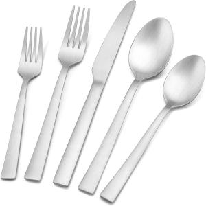 image40Piece Matte Black Silverware Set Efar Stainless Steel Flatware Set Service for 8 Metal Cutlery Eating Utensils Tableware Includes ForksSpoonsKnives Square EdgeSilver