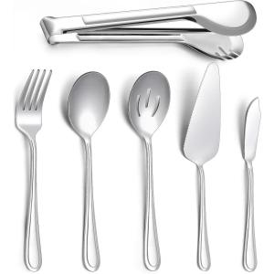 imageEfar Serving Utensils 6 Pieces Stainless Steel Serving Spoon Slotted Spoon Fork Tong Cake Server and Butter Knife for Parties Buffet Banquet Kitchen Mirror Finish ampamp Dishwasher SafeSlimline