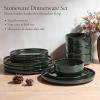 imageEfar Stoneware Dinnerware Sets for 4 12 Pieces Reactive Glaze Plates and Bowls Sets Elegant Dishes with Rustic Terracotta Base Dishwasher ampamp Microwave Safe Scratch Resistant Deep CamelBlackish Green