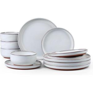 imageEfar Stoneware Dinnerware Sets for 4 12 Pieces Reactive Glaze Plates and Bowls Sets Elegant Dishes with Rustic Terracotta Base Dishwasher ampamp Microwave Safe Scratch Resistant Deep CamelGlacier White