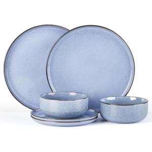 imageEfar Stoneware Dinnerware Sets for 4 12 Pieces Reactive Glaze Plates and Bowls Sets Elegant Dishes with Rustic Terracotta Base Dishwasher ampamp Microwave Safe Scratch Resistant Deep CamelOcean Blue