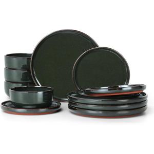 imageEfar Stoneware Dinnerware Sets for 4 12 Pieces Reactive Glaze Plates and Bowls Sets Elegant Dishes with Rustic Terracotta Base Dishwasher ampamp Microwave Safe Scratch Resistant Deep CamelBlackish Green