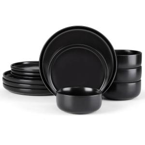 imageEfar Stoneware Dinnerware Sets for 4 12 Pieces Reactive Glaze Plates and Bowls Sets Elegant Dishes with Rustic Terracotta Base Dishwasher ampamp Microwave Safe Scratch Resistant Deep CamelMatte Black