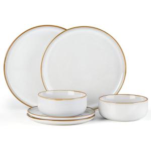 imageEfar Stoneware Dinnerware Sets for 4 12 Pieces Reactive Glaze Plates and Bowls Sets Elegant Dishes with Rustic Terracotta Base Dishwasher ampamp Microwave Safe Scratch Resistant Deep CamelSeashell White