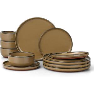 imageEfar Stoneware Dinnerware Sets for 4 12 Pieces Reactive Glaze Plates and Bowls Sets Elegant Dishes with Rustic Terracotta Base Dishwasher ampamp Microwave Safe Scratch Resistant Deep CamelDesert Camel