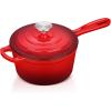 imageEfar Enameled Cast Iron Sauce Pan 2 Quart Dutch Oven Saucepan with Lid Small Sauce Pot for Cooking Boiling Healthy ampamp Non Toxic Induction ampamp Oven Safe Light BlueRed