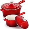 imageEfar Sauce Pan Set with Lid 1Qt ampamp 2Qt Enameled Cast Iron Pot Sets for Kitchen Cooking Small Heavy Duty Dutch Oven Saucepans ampamp Selfbasting Lids InductionReady ampamp Easy Clean RedRed