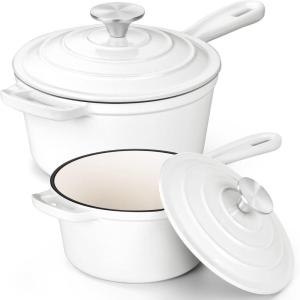imageEfar Sauce Pan Set with Lid 1Qt ampamp 2Qt Enameled Cast Iron Pot Sets for Kitchen Cooking Small Heavy Duty Dutch Oven Saucepans ampamp Selfbasting Lids InductionReady ampamp Easy Clean RedWhite