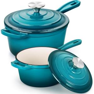 imageEfar Sauce Pan Set with Lid 1Qt ampamp 2Qt Enameled Cast Iron Pot Sets for Kitchen Cooking Small Heavy Duty Dutch Oven Saucepans ampamp Selfbasting Lids InductionReady ampamp Easy Clean RedGreen