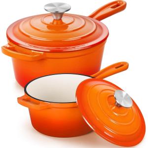 imageEfar Sauce Pan Set with Lid 1Qt ampamp 2Qt Enameled Cast Iron Pot Sets for Kitchen Cooking Small Heavy Duty Dutch Oven Saucepans ampamp Selfbasting Lids InductionReady ampamp Easy Clean RedOrange