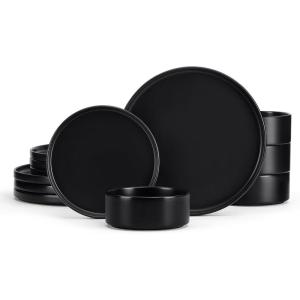 imageEfar Stoneware Dinnerware Sets for 4 12Piece Reactive Glaze Plates and Bowls Sets Kitchen Ceramic Dishes Dinning Ware Microwave ampamp Dishwasher Safe Deep GrayMatte Black
