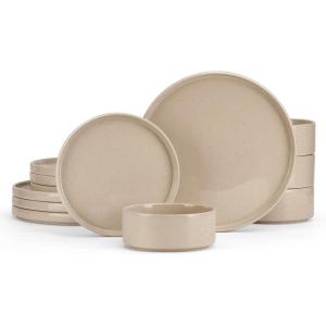 imageEfar Stoneware Dinnerware Sets for 4 12Piece Reactive Glaze Plates and Bowls Sets Kitchen Ceramic Dishes Dinning Ware Microwave ampamp Dishwasher Safe Deep GrayBright Khaki