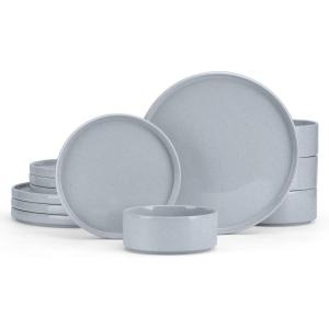 imageEfar Stoneware Dinnerware Sets for 4 12Piece Reactive Glaze Plates and Bowls Sets Kitchen Ceramic Dishes Dinning Ware Microwave ampamp Dishwasher Safe Deep GrayHaze Gray