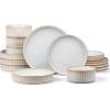 imageEfar 16 Piece Dinnerware Sets Plates and Bowls with Pasta Bowls Service for 4 Modern Stoneware Ribbed Dishes for Kitchen Dining Microwave ampamp Dishwasher Safe Speckled WhiteCreamy Beige