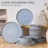imageEfar 16 Piece Dinnerware Sets Plates and Bowls with Pasta Bowls Service for 4 Modern Stoneware Ribbed Dishes for Kitchen Dining Microwave ampamp Dishwasher Safe Speckled WhiteDusty Blue