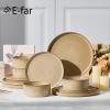 imageEfar 16 Piece Dinnerware Sets Plates and Bowls with Pasta Bowls Service for 4 Modern Stoneware Ribbed Dishes for Kitchen Dining Microwave ampamp Dishwasher Safe Speckled WhiteCaramel Khaki