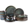 imageEfar 16 Piece Dinnerware Sets Plates and Bowls with Pasta Bowls Service for 4 Modern Stoneware Ribbed Dishes for Kitchen Dining Microwave ampamp Dishwasher Safe Speckled WhiteBlackish Green