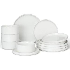 imageEfar 16 Piece Dinnerware Sets Plates and Bowls with Pasta Bowls Service for 4 Modern Stoneware Ribbed Dishes for Kitchen Dining Microwave ampamp Dishwasher Safe Speckled WhiteSpeckled White