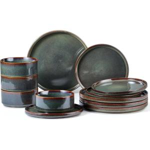 imageEfar 16 Piece Dinnerware Sets Plates and Bowls with Pasta Bowls Service for 4 Modern Stoneware Ribbed Dishes for Kitchen Dining Microwave ampamp Dishwasher Safe Speckled WhiteBlackish Green
