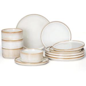 imageEfar 16 Piece Dinnerware Sets Plates and Bowls with Pasta Bowls Service for 4 Modern Stoneware Ribbed Dishes for Kitchen Dining Microwave ampamp Dishwasher Safe Speckled WhiteCreamy Beige
