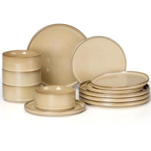 imageEfar 16 Piece Dinnerware Sets Plates and Bowls with Pasta Bowls Service for 4 Modern Stoneware Ribbed Dishes for Kitchen Dining Microwave ampamp Dishwasher Safe Speckled WhiteCaramel Khaki