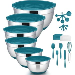 imageEfar Mixing Bowls with Lids Set 23Piece Stainless Steel Nesting Bowls with Blue Airtight Lids and NonSlip Bottoms Size 5 3 25 15 1 05QT Great for BakingMixingPreppingServing