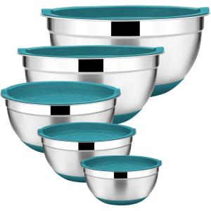 imageEfar Stainless Steel Mixing Bowls Set of 5 Size 73525151 QT Metal Nesting Bowls with Black Airtight Lids ampamp NonSlip Bottoms Great for Kitchen Cooking Baking Serving Food PrepTeal Blaue