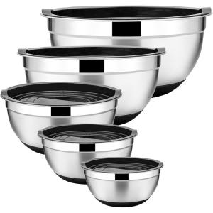 imageEfar Stainless Steel Mixing Bowls Set of 5 Size 73525151 QT Metal Nesting Bowls with Black Airtight Lids ampamp NonSlip Bottoms Great for Kitchen Cooking Baking Serving Food PrepBlack