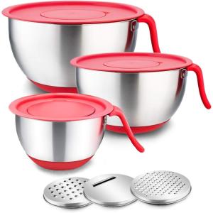imageEfar Stainless Steel Mixing Bowls with Lids Metal Mixing Bowl Set with 3 Graters Long Handle Pour Spout NonSlip Bottom ampamp Stackable Great for Cooking Baking Prepping 5315 QT  3 PCSRed