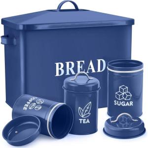 imageNavy Blue Bread Box with Canister Sets for Kitchen Countertop Efar Metal Storage Container Holder for Farmhouse Decor Vintage Style ampamp Extra Large  Holds 2 Loaves Sugar Coffee TeaNavy Blue