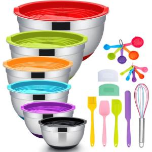 imageMixing Bowls with Lids Set Efar 23Piece Stainless Steel Nesting Mixing Bowls with Colorful Airtight Lid and NonSlip Bottoms Size 5 3 25 15 1 05QT Great for BakingMixingPreppingServing