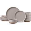 image:imageEfar 12Piece Stoneware Dinnerware Sets Plates and Bowls Sets for 4 Ceramic Dishware Dishes Set with Terracotta Base Chip amp Scratch Resistant Microwave amp Dishwasher Safe Speckled WhiteWarm Taupe