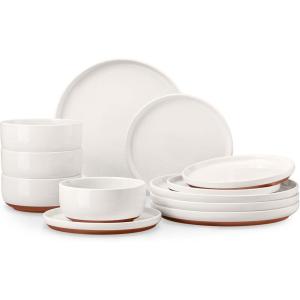 image:imageEfar 12Piece Stoneware Dinnerware Sets Plates and Bowls Sets for 4 Ceramic Dishware Dishes Set with Terracotta Base Chip amp Scratch Resistant Microwave amp Dishwasher Safe Speckled WhiteWhisper White
