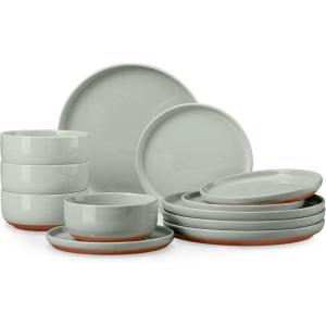image:imageEfar 12Piece Stoneware Dinnerware Sets Plates and Bowls Sets for 4 Ceramic Dishware Dishes Set with Terracotta Base Chip amp Scratch Resistant Microwave amp Dishwasher Safe Speckled WhiteSage Green