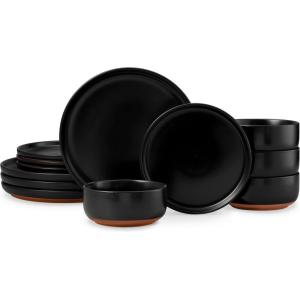 image:imageEfar 12Piece Stoneware Dinnerware Sets Plates and Bowls Sets for 4 Ceramic Dishware Dishes Set with Terracotta Base Chip amp Scratch Resistant Microwave amp Dishwasher Safe Speckled WhiteMatte Black