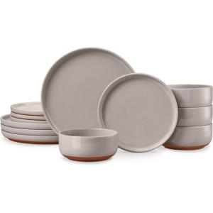 image:imageEfar 12Piece Stoneware Dinnerware Sets Plates and Bowls Sets for 4 Ceramic Dishware Dishes Set with Terracotta Base Chip amp Scratch Resistant Microwave amp Dishwasher Safe Speckled WhiteWarm Taupe