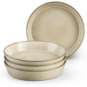 image:imageEfar Pasta Bowls 34oz Stoneware Bowl Plate for Dinner Serving Soup Salad Wide amp Shallow Large Ceramic Pasta Plate Set of 4 Microwave amp Dishwasher Safe Speckled White 87Sandy Khaki