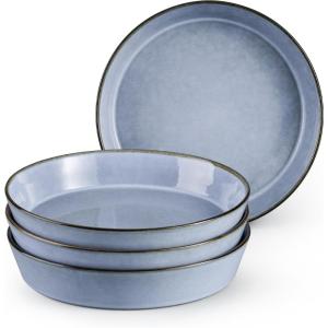 image:imageEfar Pasta Bowls 34oz Stoneware Bowl Plate for Dinner Serving Soup Salad Wide amp Shallow Large Ceramic Pasta Plate Set of 4 Microwave amp Dishwasher Safe Speckled White 87Ocean Blue