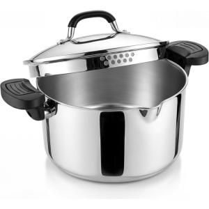 image:imageEfar Pasta Pot with Strainer Lid 6 Quart TriPly Stainless Steel Stock Pot amp Push and Lock Handles Nontoxic Multipurpose Cooking Pot for All Cooktops Heavy Duty amp Dishwasher Safe