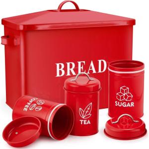 image:imageEfar Red Bread Box with Canister Sets for Kitchen Countertop Metal Bread Bin Storage Container Holder for Modern Farmhouse Decor Vintage Style amp Extra Large  Holds 2 Loaves Sugar Coffee TeaRed